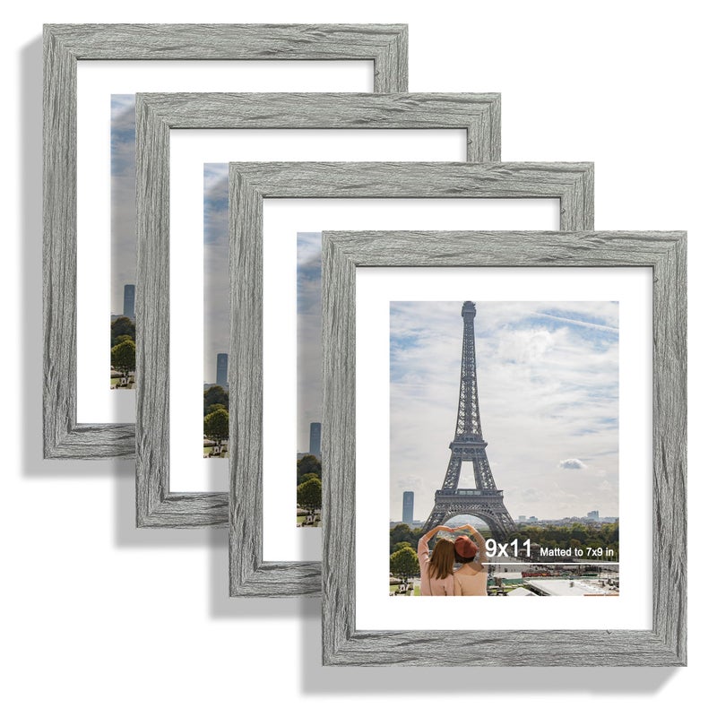 Hongkee مجموعة إطارات صور Hongkee مقاس 9x11 مكونة من 4 قطع، مصنوعة من الزجاج الحقيقي وإطار رمادي - صورة عرض مقاس 7x9 مع حصيرة أو 9x11 بدون حصيرة، صورة 9 × 11 للجدار أو سطح الطاولة - Image 1